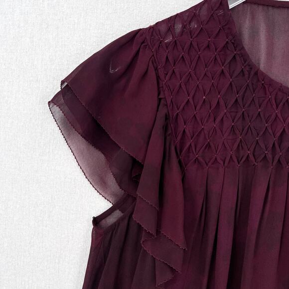 LOVESHACKFANCY Silk Blouse Top Womens Medium Burgundy Ruffle Pintuck Scoop Neck - Picture 11 of 16